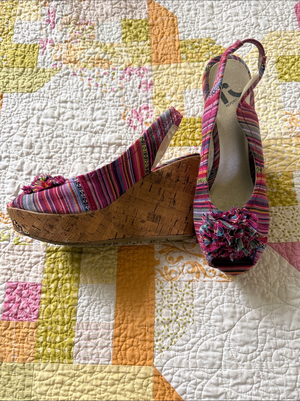 Report Pink Multi-Stripe Cork Wedge Slingbacks
